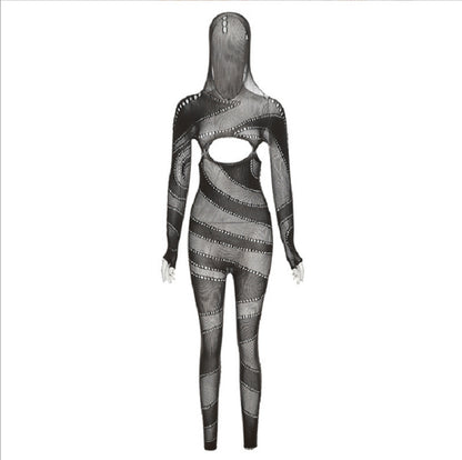 New Sexy Lace Hollow Out See-through Hooded High Waist Tight Knitted