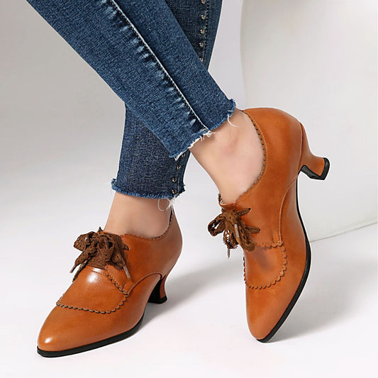 Fashionable High-Heel Plus-Size Embossed Floral Lace-Up Pointed-Toe Womens Pumps