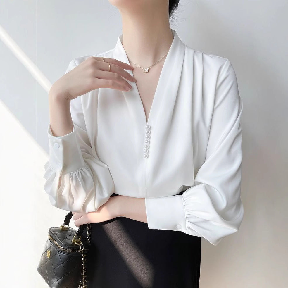 Women's Polyester V-neck Chiffon Long-sleeved Shirt