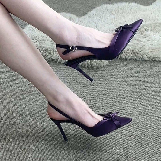 Spring Summer New Bow High Heels, Women Satin Pointed Toe Stiletto Heel Sandals