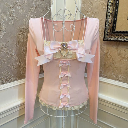 Elegant Ballet Style Princess Bowknot Pearl Heart Slimming Short Top