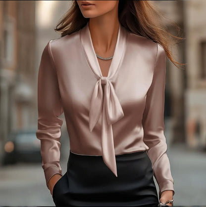 Women's Elegant Satin Blouse, Long Sleeve Button Down Shirt With Ribbon Detail For Office Work