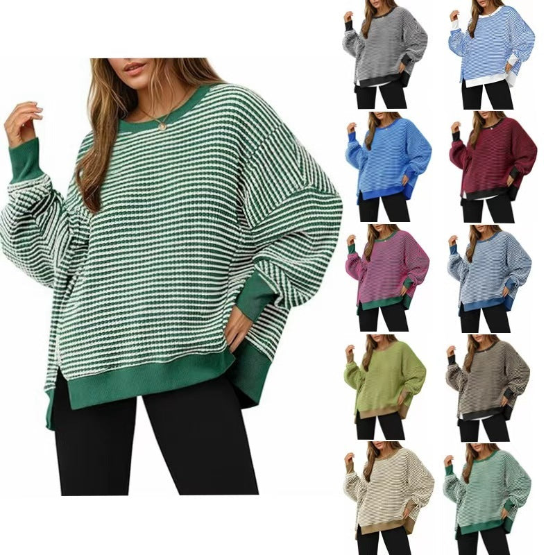 Waffle Knitted Long Sleeve Crew Neck Split Pullover Sweater