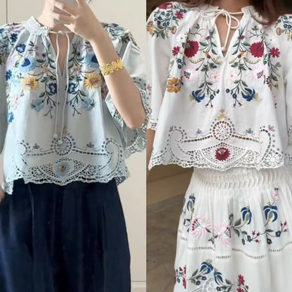 Embroidered Floral Hollow Out Tied Loose Round Neck Puff Sleeve Top