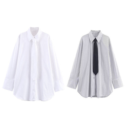 Women's Fashion Casual Loose Tie Decorated Poplin Shirt