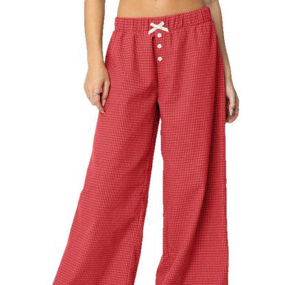 Women's Pastoral Style Plaid Printed Straight Elastic Casual Pants