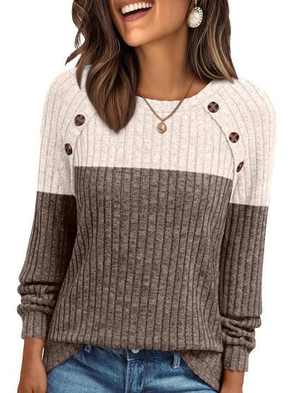 Women's Round-neck Sunken Stripe Brushed Solid Color Top Long Sleeve