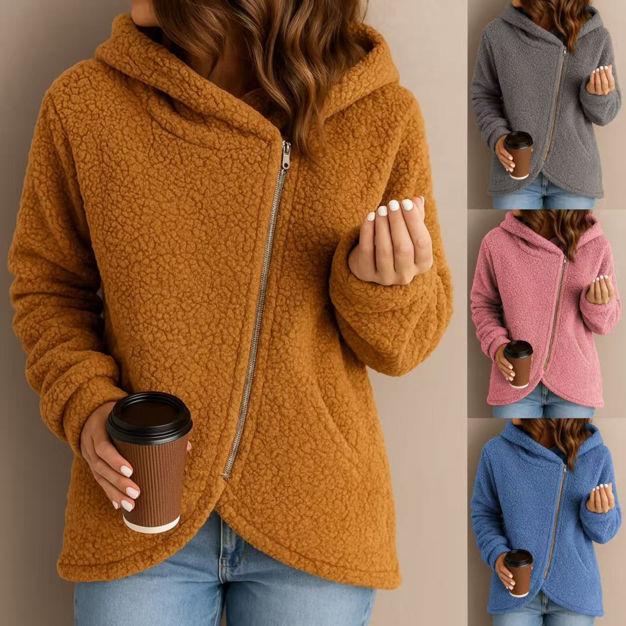 Casual Loose Lambswool Long Sleeve Zipper Hoodie Coat