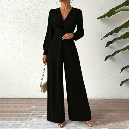 Women's Elegant Jumpsuit With Cross V-Neck & Long Sleeve Solid Color Belted Wide Leg Pantsuit For Office And Formal