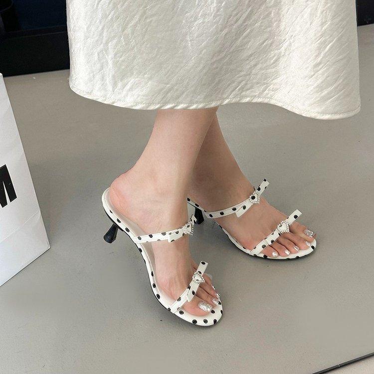 French Polka Dot Bow High-heeled Shoes For Women, White Round Toe Straight Strap Sandals For Women