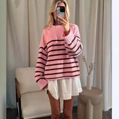 Stripe Warm Knitted Pullover Elegant Round Neck Long Sleeve Loose Sweater