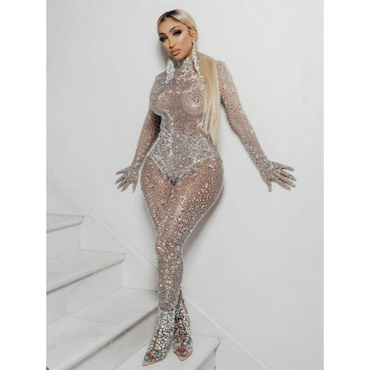 Cross Diamond Stretch Tight Jumpsuit European And American Bar DS Costume Dance