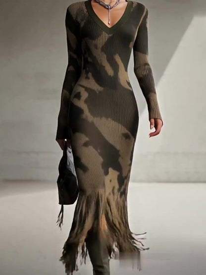 Camouflage Print Knit Midi Dress With Fringe Hem And V-Neck