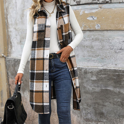 Women's Retro British Style Commute Leisure Lapel Long Plaid Coat
