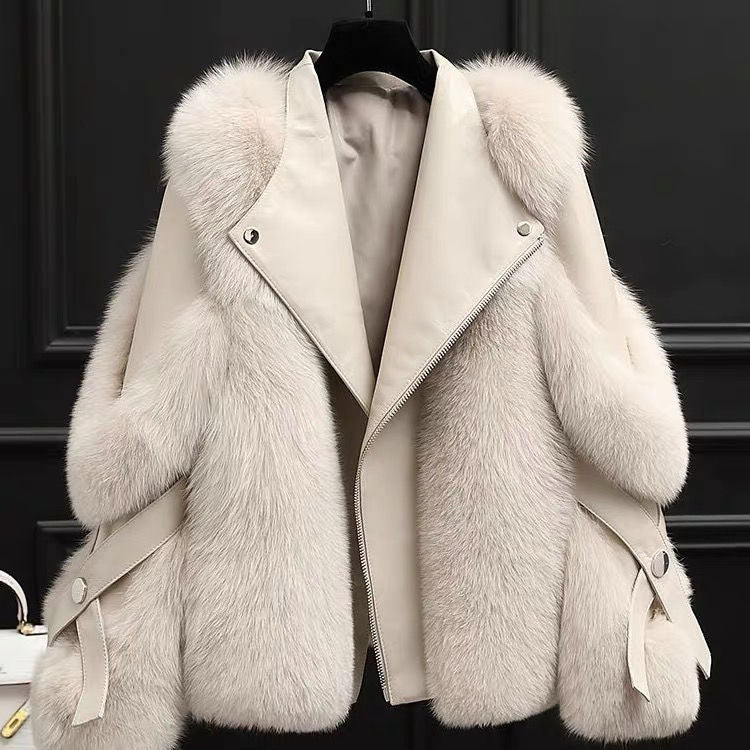 One-piece Fur Motorcycle Coat Long Wool Coat
