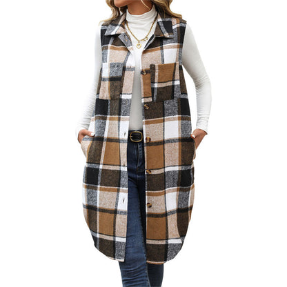 Women's Retro British Style Commute Leisure Lapel Long Plaid Coat