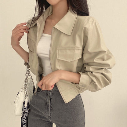 Double Pocket Lapel Leather Coat Leather Jacket Coat