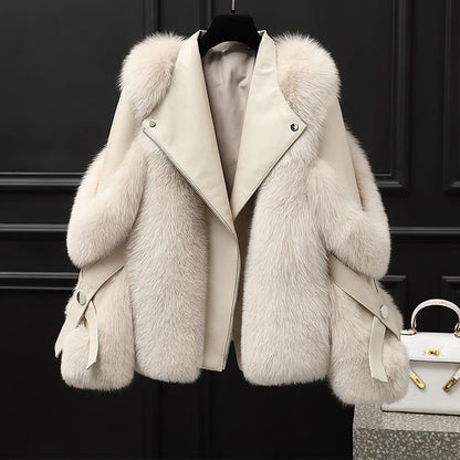 One-piece Fur Motorcycle Coat Long Wool Coat