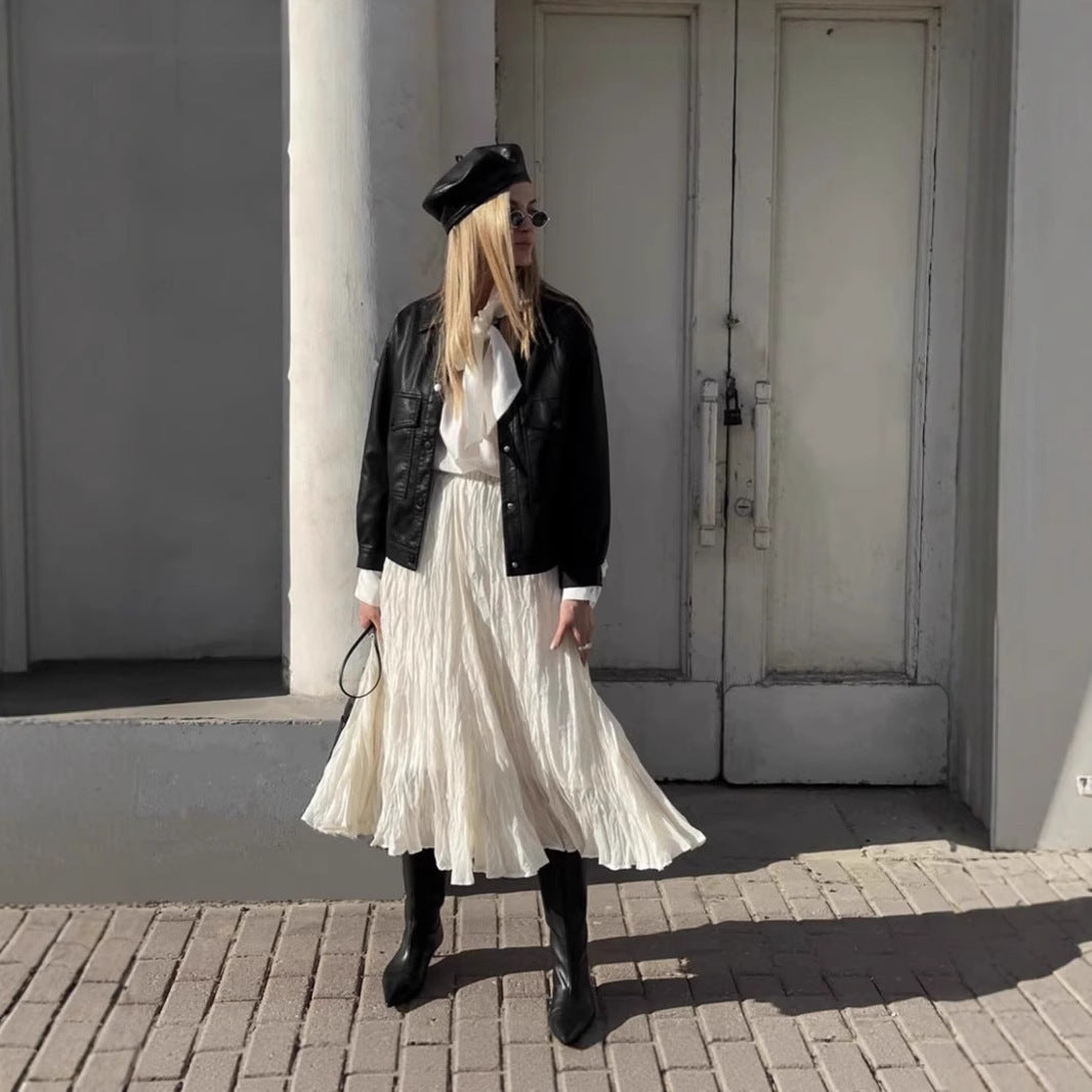 Pleated High Waist Gentle Beige Skirt