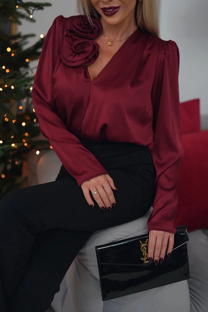 V-neck Flower Decoration Satin Long Sleeve Shirt Top