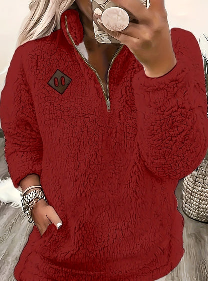 Solid Color Plush Half Zipper Pocket Pullover Sweater Top Women