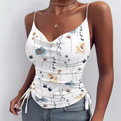 Colored Three-dimensional Floral Spaghetti Strap Pleated Top
