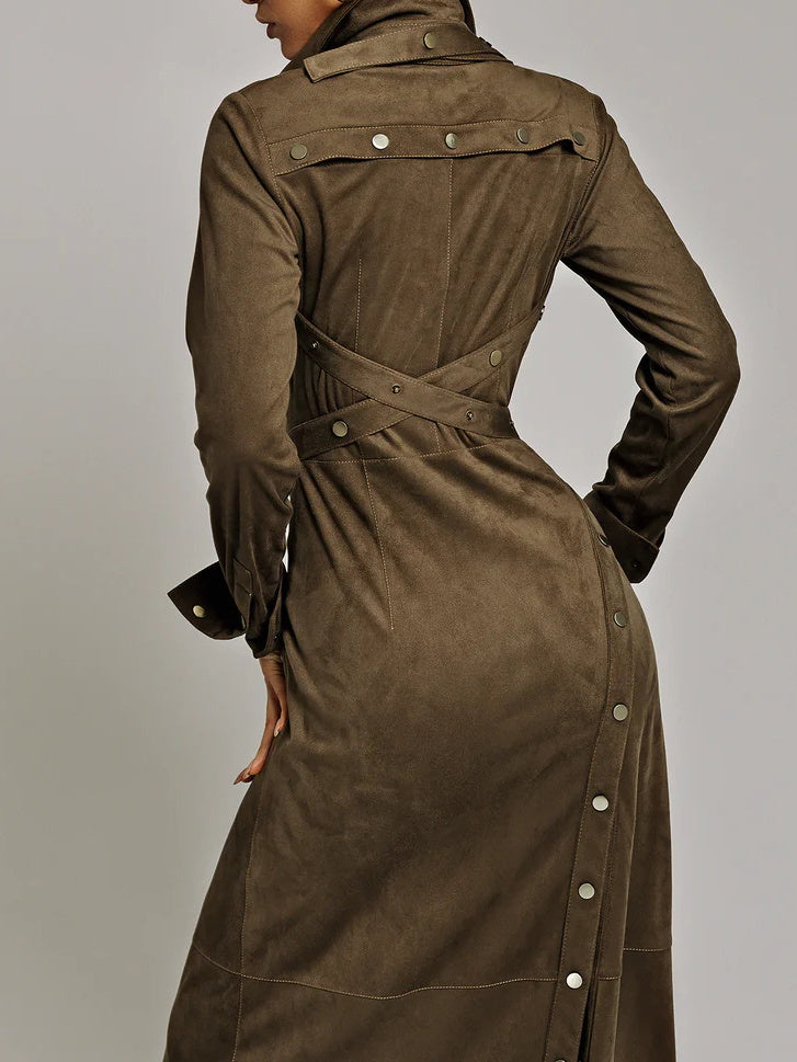 Olive Green Suede Shirt Dress With Asymmetric Snap Button Slit