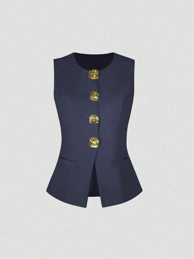 Sleeveless Round Neck Vest Fashion Women's Wear Elegant Waist-tight Solid Color