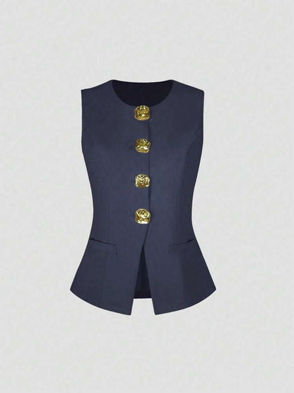 Sleeveless Round Neck Vest Fashion Women's Wear Elegant Waist-tight Solid Color