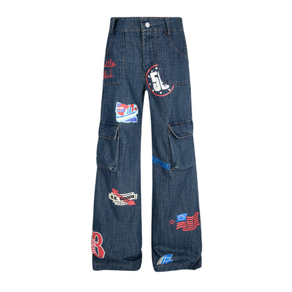 Pattern Dark Flower Funny Multi-pocket Loose And Idle Sense Jeans For Men And Women