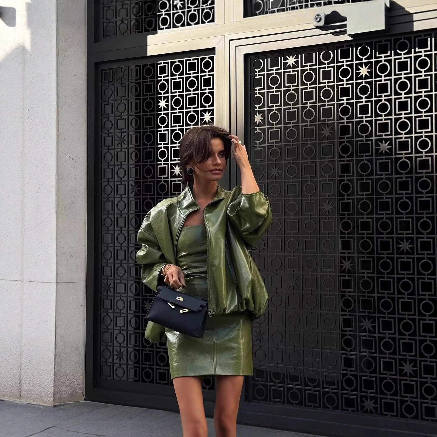 Retro Sexy PU Leather Jacket Strapless Dress Suit