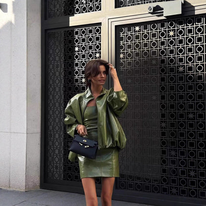 Retro Sexy PU Leather Jacket Strapless Dress Suit