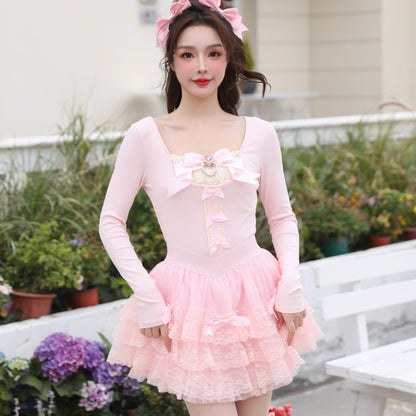 Elegant Ballet Style Princess Bowknot Pearl Heart Slimming Short Top