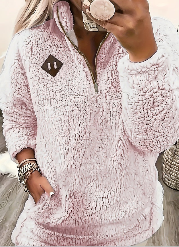 Solid Color Plush Half Zipper Pocket Pullover Sweater Top Women