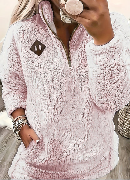 Solid Color Plush Half Zipper Pocket Pullover Sweater Top Women