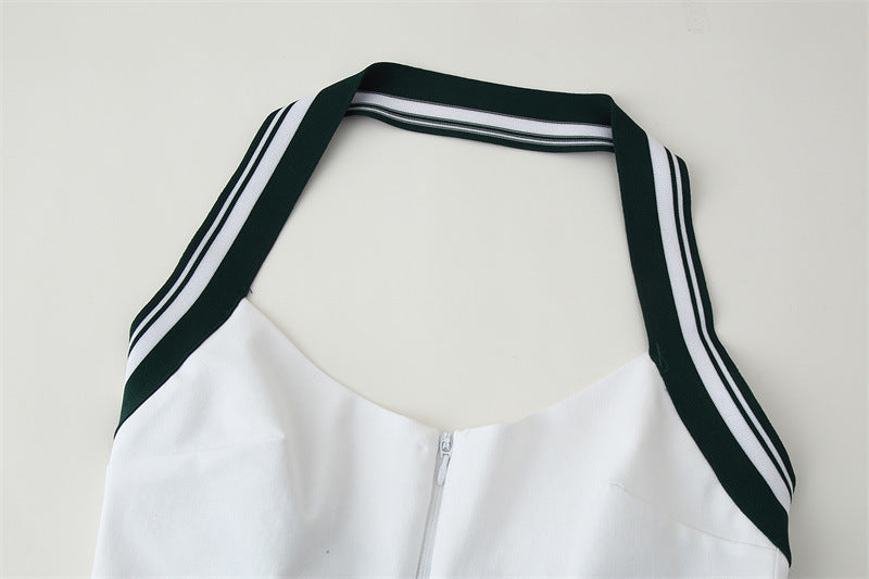 Women's Patchwork Stripe Rib Hanging Collar Backless Top