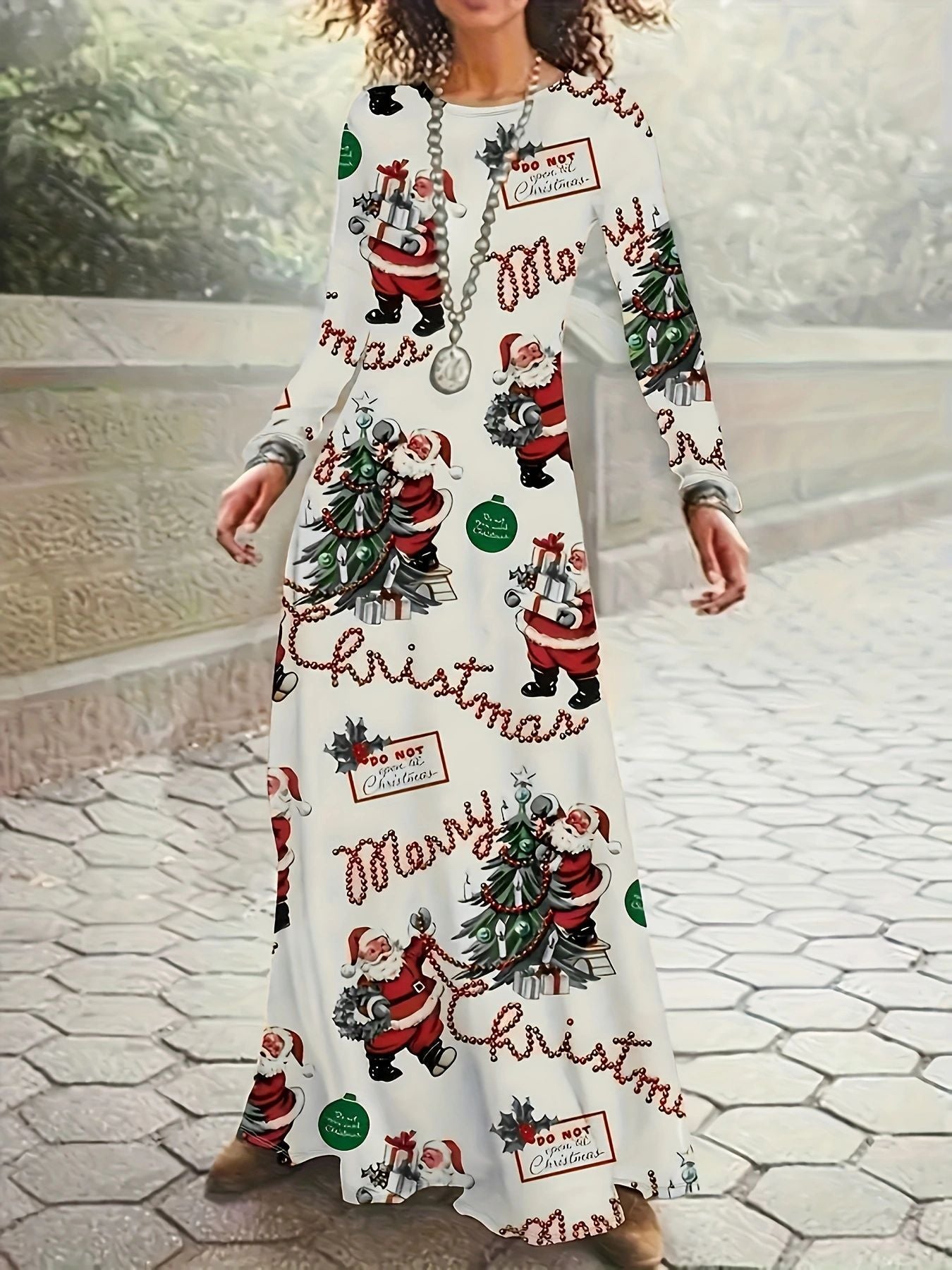 Santa Claus Printed Round Neck Long Sleeve Elegant Dress