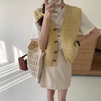College Style Knitted Cardigan Vest Solid Color Wooden Buckle Bandage Dress