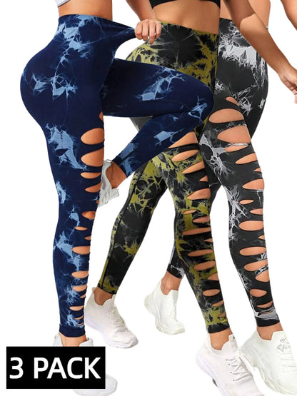 3 PACK Butt Lifting Yoga Gym Athletic Pants, Hollow Out Tummy Control Sports Leggings Tie Dye Running Pants