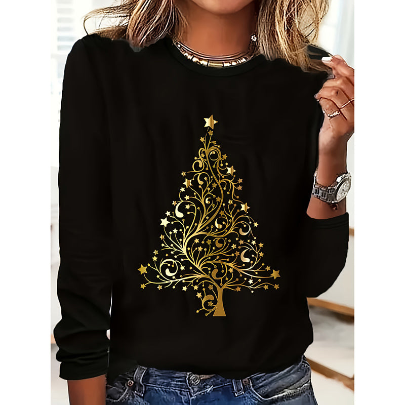 Women's Long Sleeve Merry Christmas T-Shirt, Cute Christmas Tree Graphic Tee, Funny Holiday Party Top