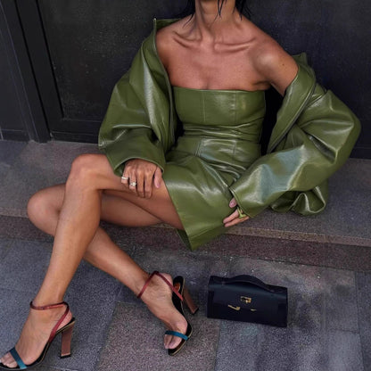 Retro Sexy PU Leather Jacket Strapless Dress Suit
