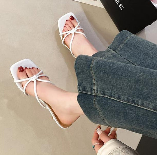 Xiaoxiangfeng Gentle Open Toed Square Toe High-heeled Shoes With Slender Heels, Fairy Style, And Cool Slippers