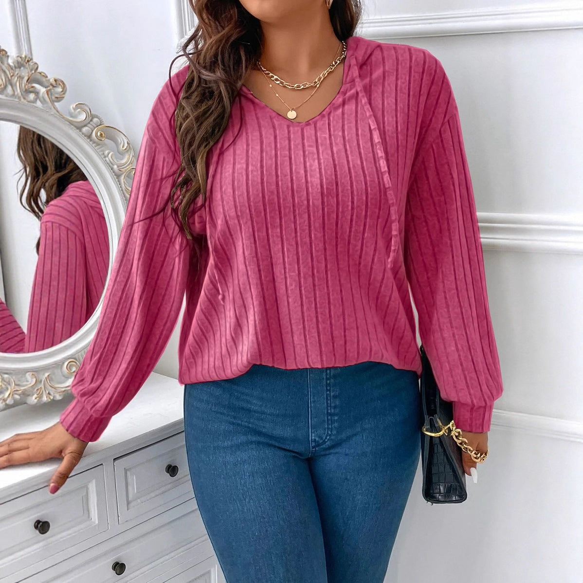 Solid Color Plus Size Women's Clothes Top V-neck
