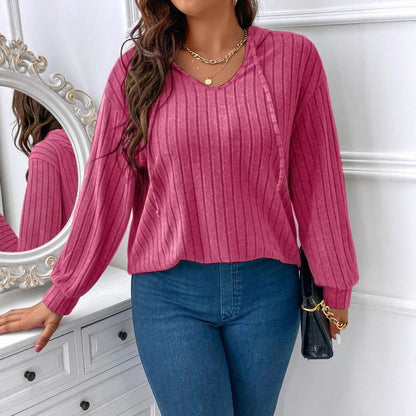 Solid Color Plus Size Women's Clothes Top V-neck