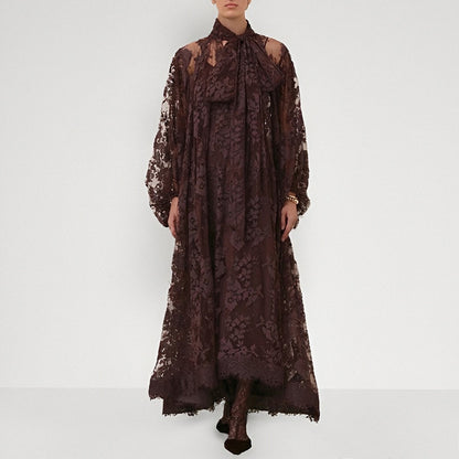 Hollow Jacquard Sling Lace See-through Loose Ribbon Elegant Dress