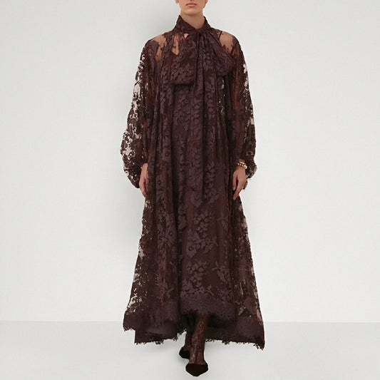 Hollow Jacquard Sling Lace See-through Loose Ribbon Elegant Dress