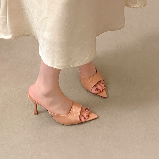 Women's Summer New Pointed Toe Stiletto Heel Sandals, Patent Leather Slip-On Heels