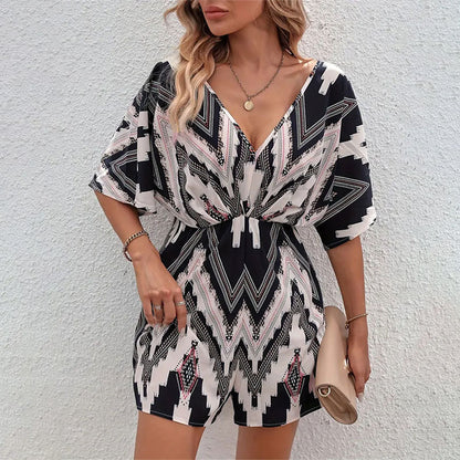 Women's Printed V-neck One-piece Sleeve Loose Jumpsuit