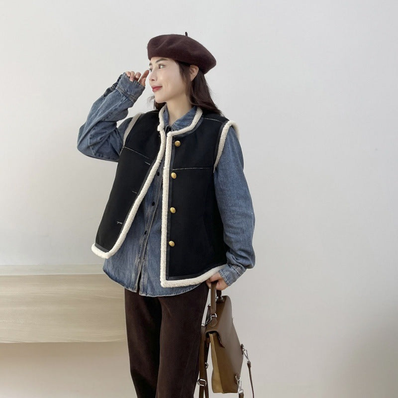 Retro Crew Neck Short Leather And Fur Vest