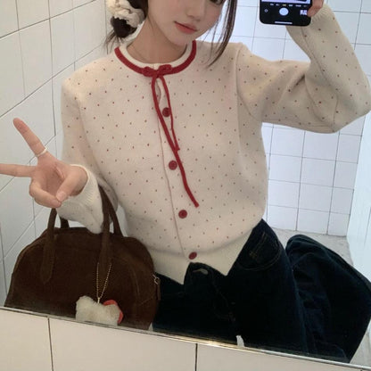 Women's Polka Dot Jacquard Lace-up Single-breasted Knitted Sweater